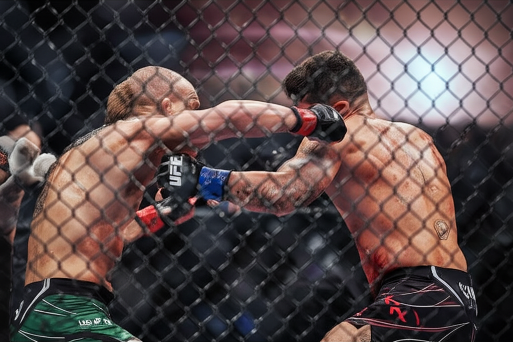 MMA fighters in a clinch with dramatic lighting